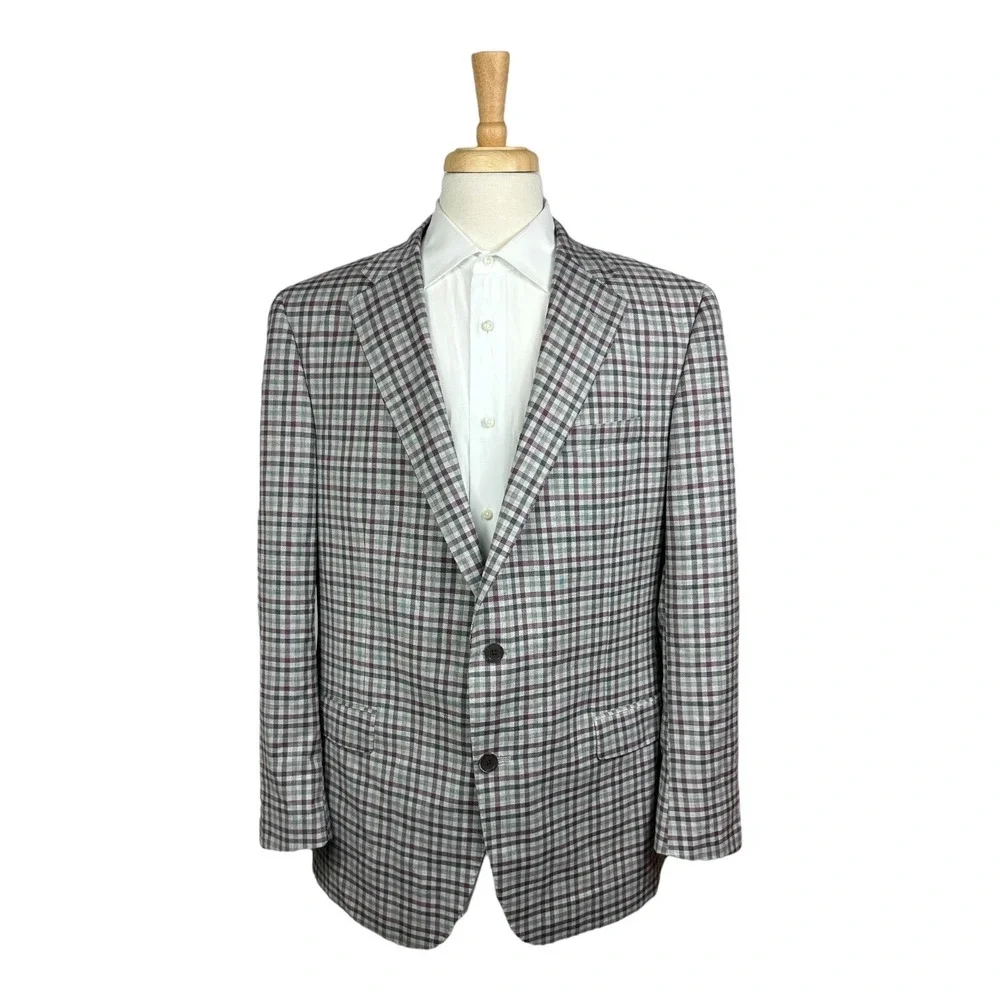 Samuelsohn Current SB Castle Super 130s Wool Purple Gray Checked Blazer Size 46L
